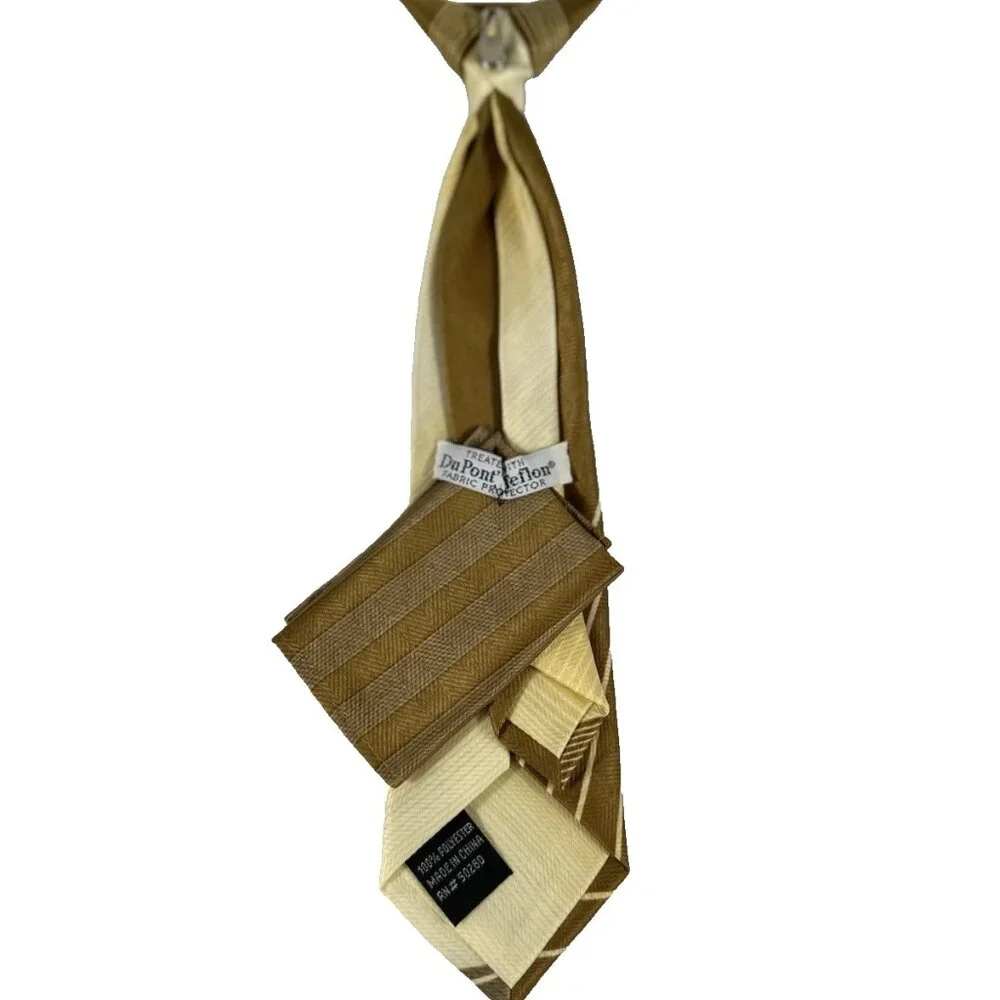 Boy's Clip-on Tie Hanky Set Gold Yellow Mustard 100% Polyester 9.5
